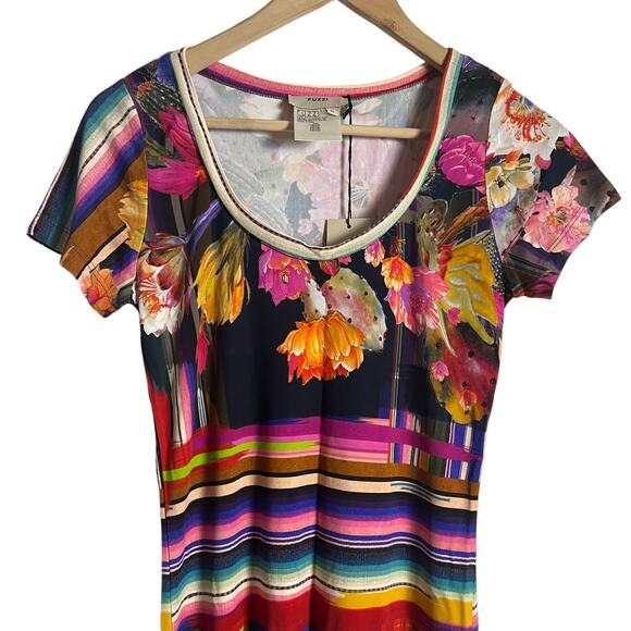 Fuzzi Striped Floral Multicolor Short Sleeve Scoop Neck Jersey Maxi Dress Size S - Picture 2 of 10